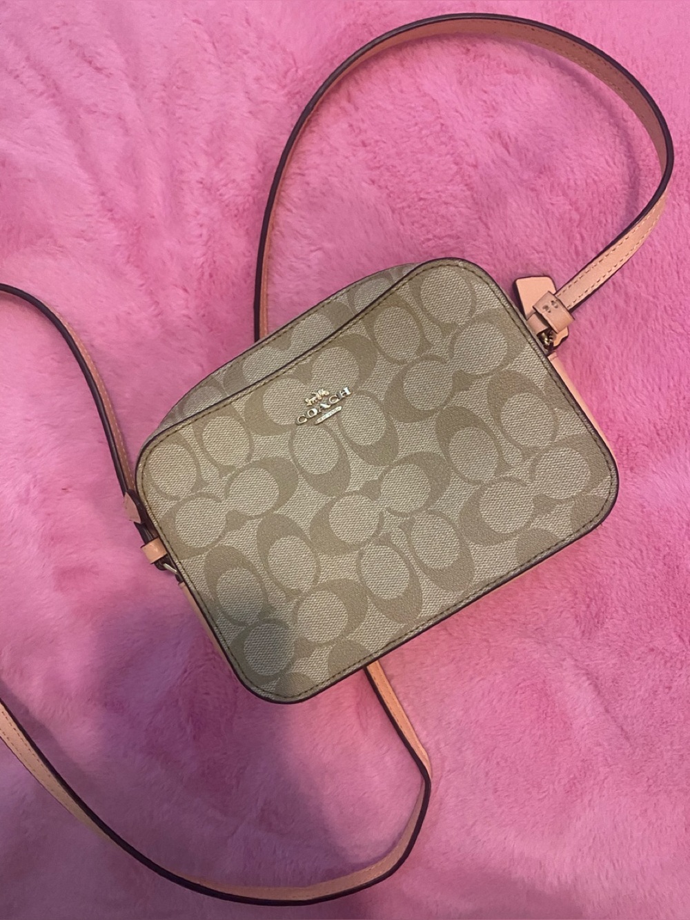 Coach Khaki Signature Canvas Crossbody with Blush Pink Trim